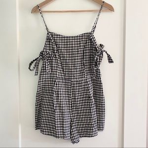 Black and White Check Linen Pin Up Romper with Arm Ties